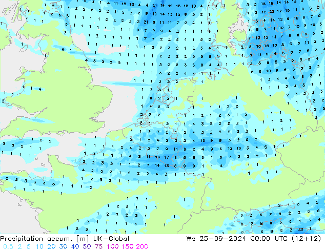 Précipitation accum. UK-Global mer 25.09.2024 00 UTC