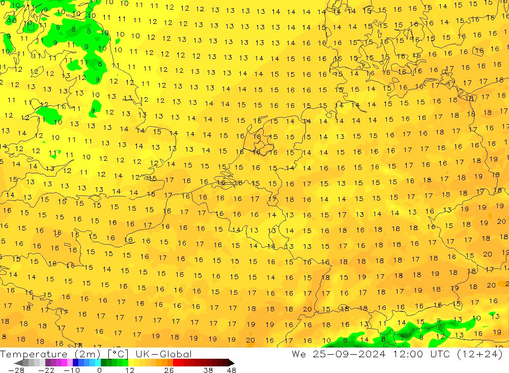 Temperature (2m) UK-Global St 25.09.2024 12 UTC