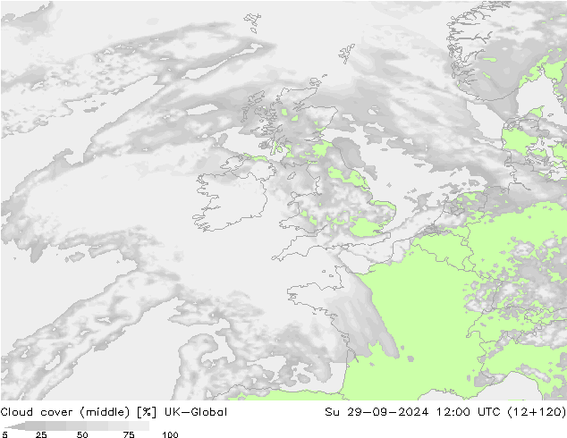 Cloud cover (middle) UK-Global Su 29.09.2024 12 UTC