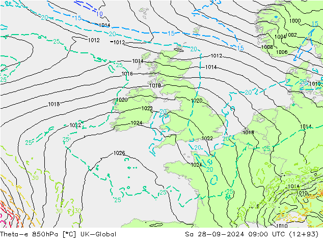 Theta-e 850hPa UK-Global Sa 28.09.2024 09 UTC