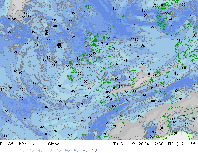 RH 850 hPa UK-Global Tu 01.10.2024 12 UTC