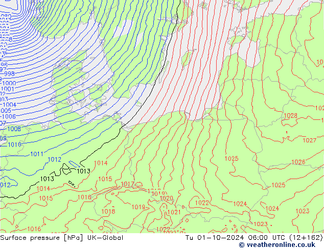 Surface pressure UK-Global Tu 01.10.2024 06 UTC