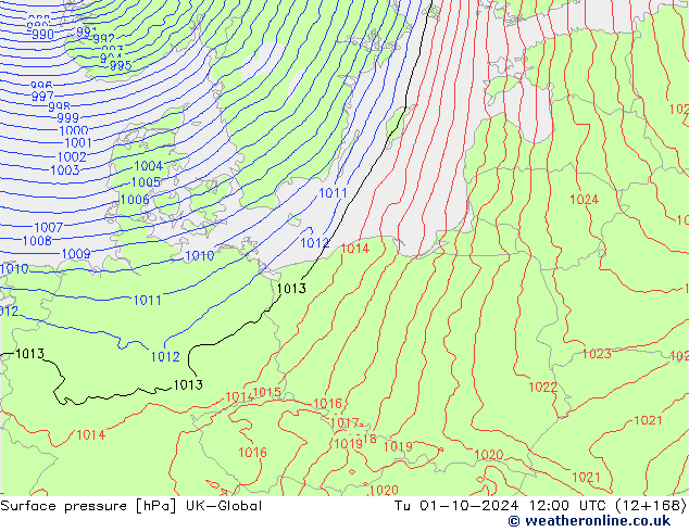 Surface pressure UK-Global Tu 01.10.2024 12 UTC