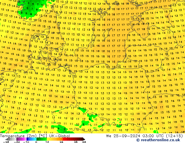 mapa temperatury (2m) UK-Global śro. 25.09.2024 03 UTC