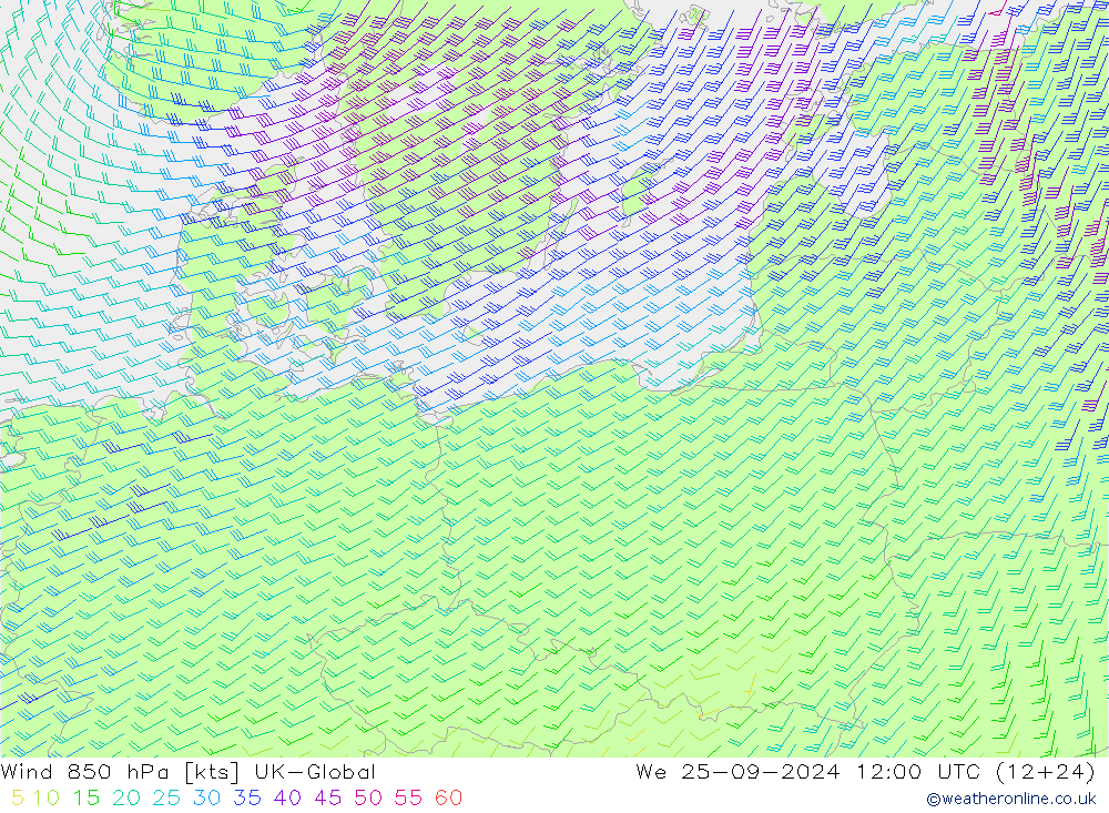 Wind 850 hPa UK-Global We 25.09.2024 12 UTC