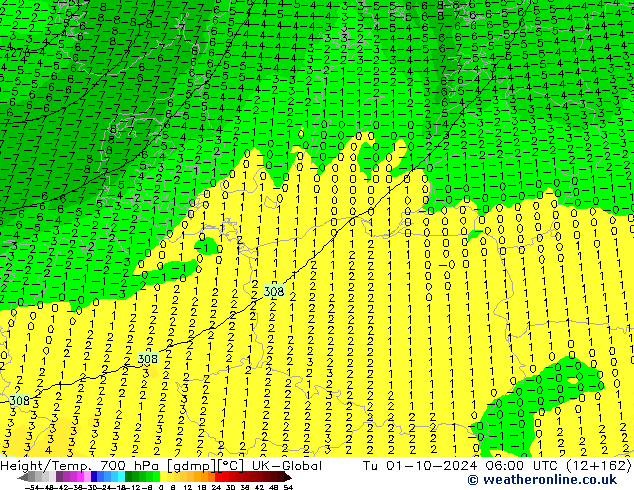 Height/Temp. 700 hPa UK-Global Ter 01.10.2024 06 UTC