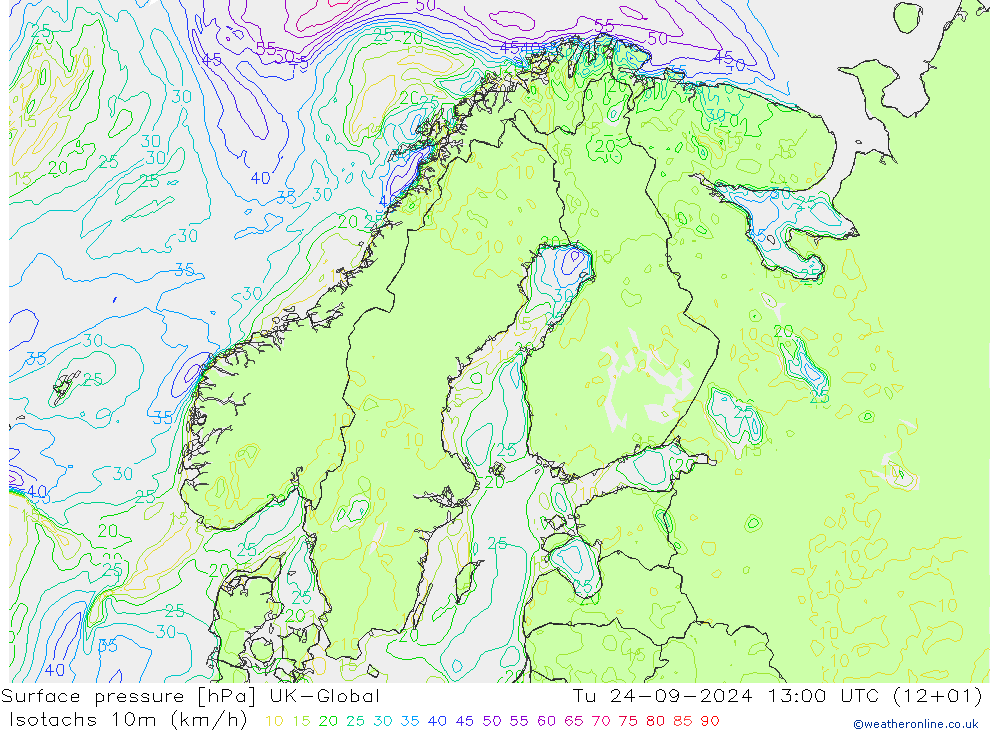 Isotachs (kph) UK-Global Tu 24.09.2024 13 UTC