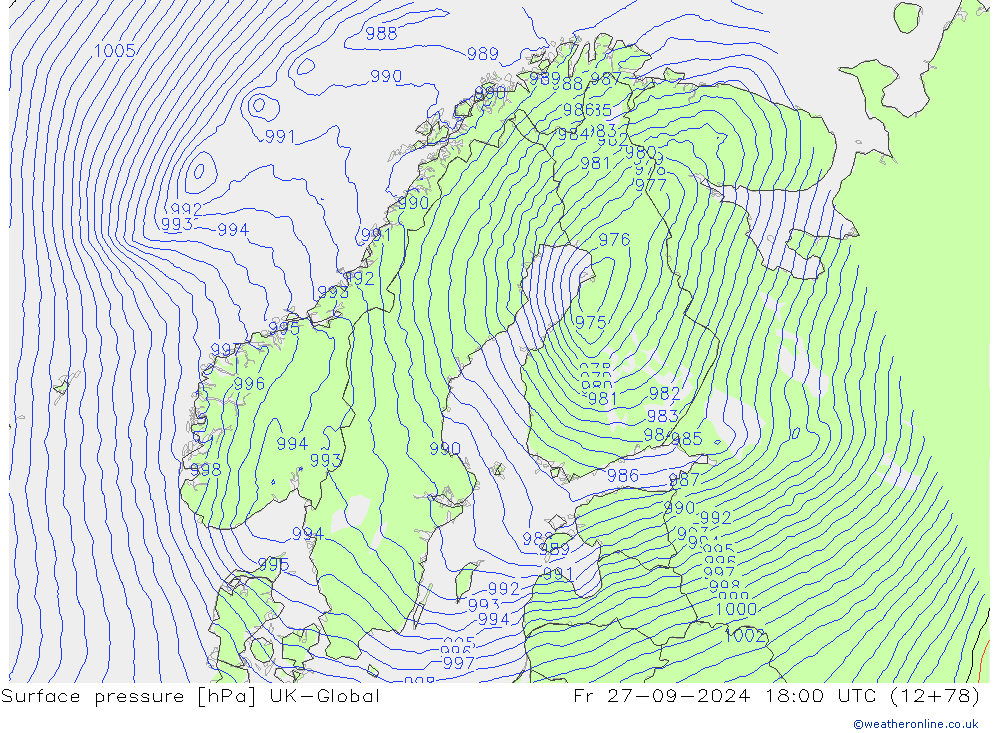 Pressione al suolo UK-Global ven 27.09.2024 18 UTC