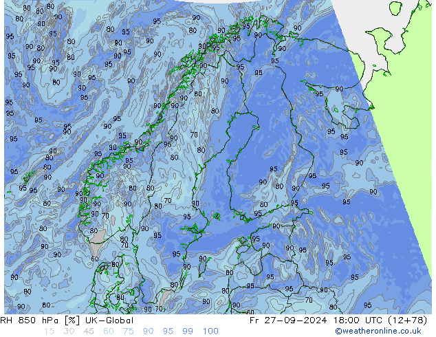 RH 850 hPa UK-Global ven 27.09.2024 18 UTC