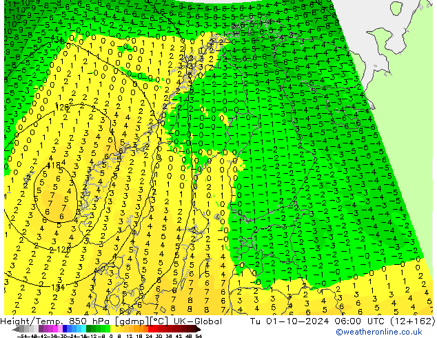 Hoogte/Temp. 850 hPa UK-Global di 01.10.2024 06 UTC