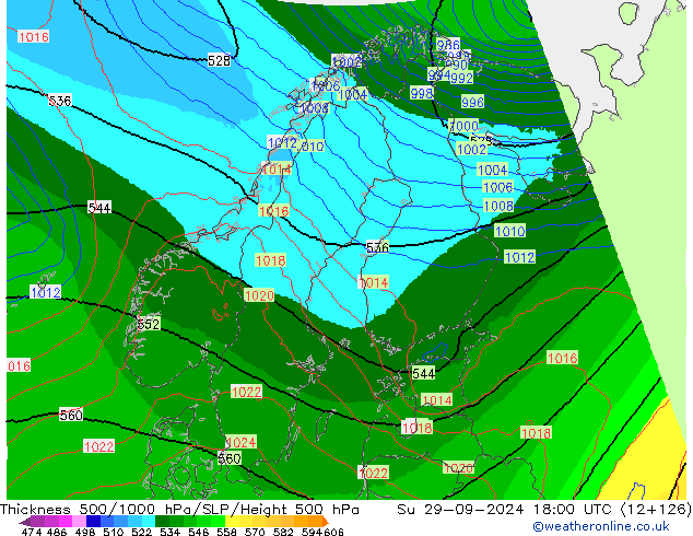 Espesor 500-1000 hPa UK-Global dom 29.09.2024 18 UTC