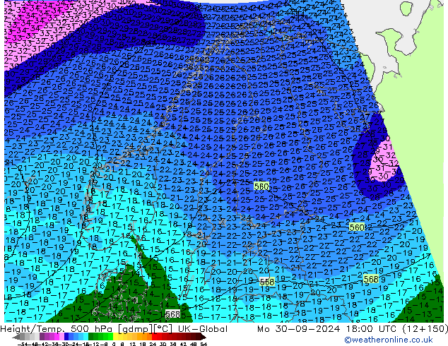 Height/Temp. 500 гПа UK-Global пн 30.09.2024 18 UTC