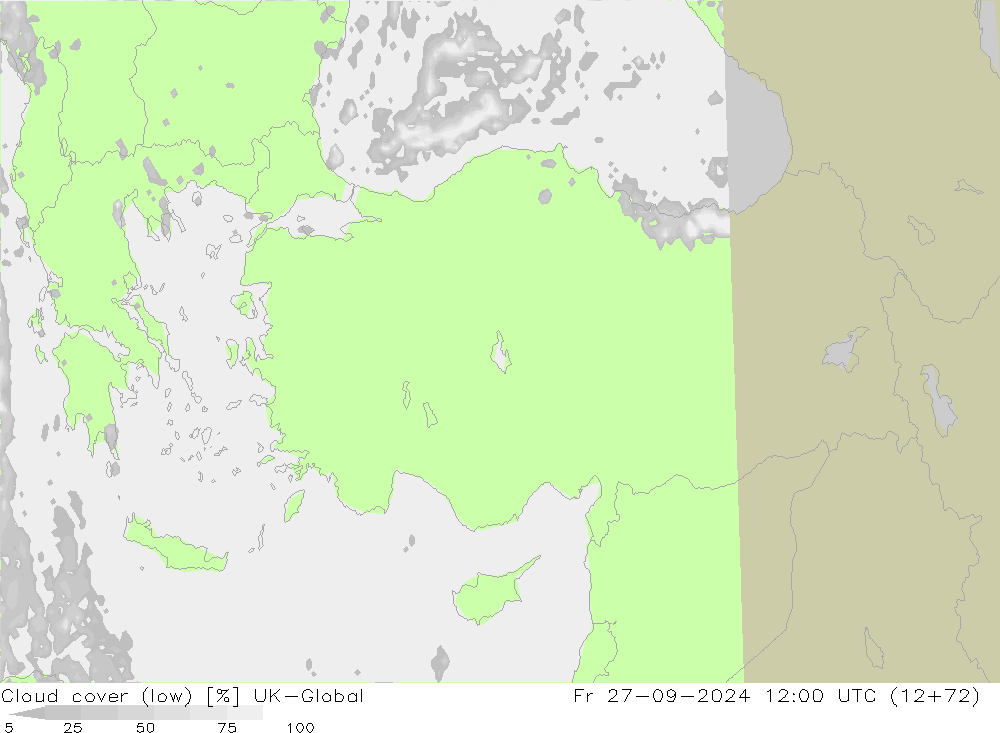 Cloud cover (low) UK-Global Fr 27.09.2024 12 UTC