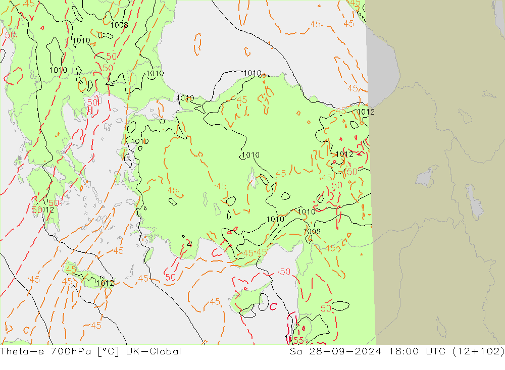 Theta-e 700hPa UK-Global Sa 28.09.2024 18 UTC