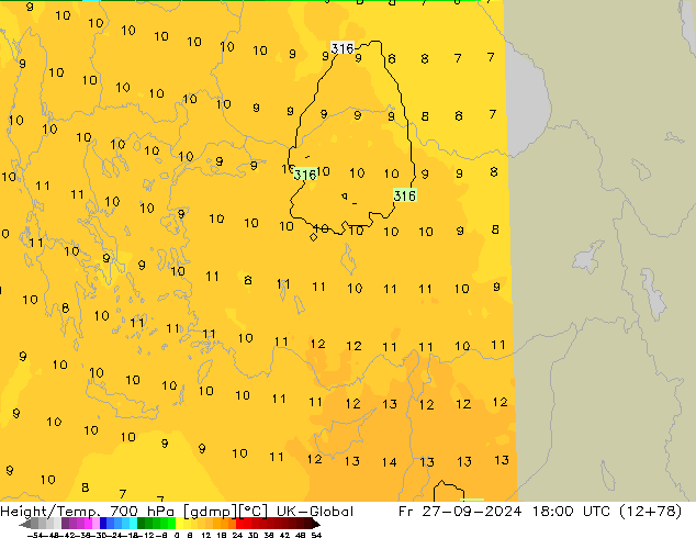 Height/Temp. 700 hPa UK-Global  27.09.2024 18 UTC