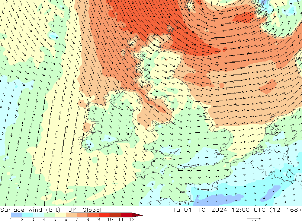 Rüzgar 10 m (bft) UK-Global Sa 01.10.2024 12 UTC