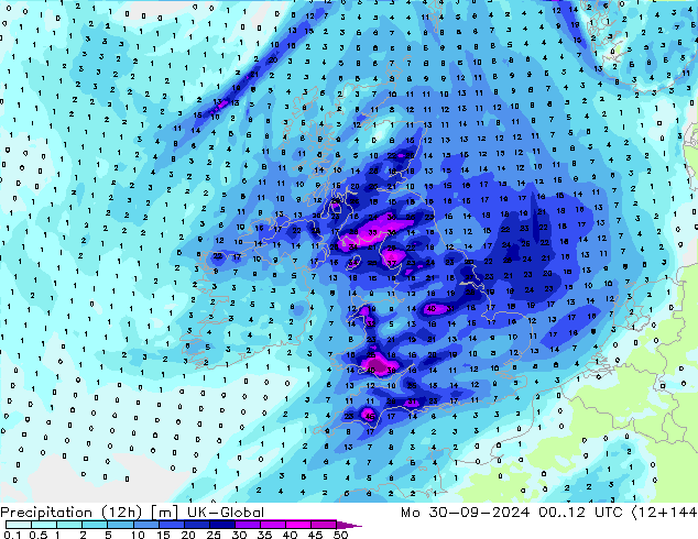 Precipitazione (12h) UK-Global lun 30.09.2024 12 UTC