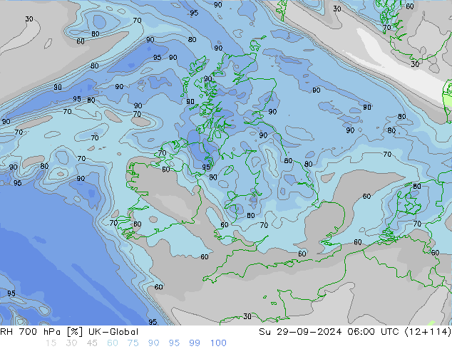 RH 700 hPa UK-Global  29.09.2024 06 UTC