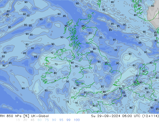 RH 850 hPa UK-Global Su 29.09.2024 06 UTC