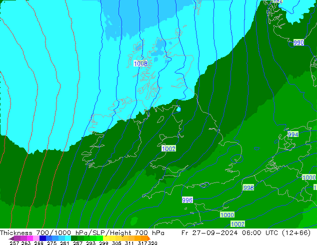 Espesor 700-1000 hPa UK-Global vie 27.09.2024 06 UTC