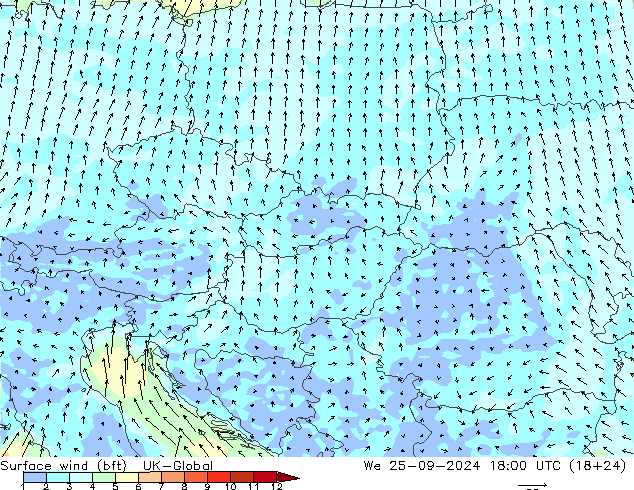 Surface wind (bft) UK-Global St 25.09.2024 18 UTC