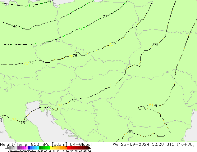 Geop./Temp. 950 hPa UK-Global mié 25.09.2024 00 UTC