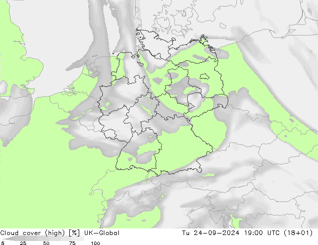 Cloud cover (high) UK-Global Tu 24.09.2024 19 UTC