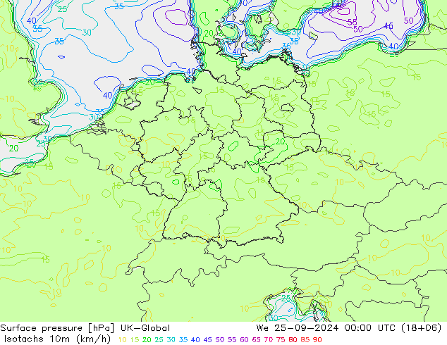 Isotachen (km/h) UK-Global wo 25.09.2024 00 UTC