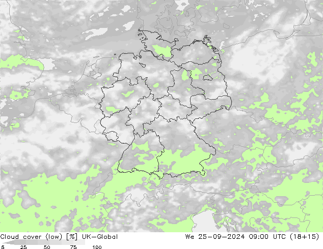 Bewolking (Laag) UK-Global wo 25.09.2024 09 UTC