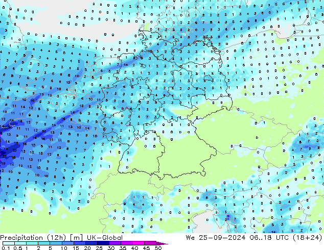 Precipitation (12h) UK-Global We 25.09.2024 18 UTC