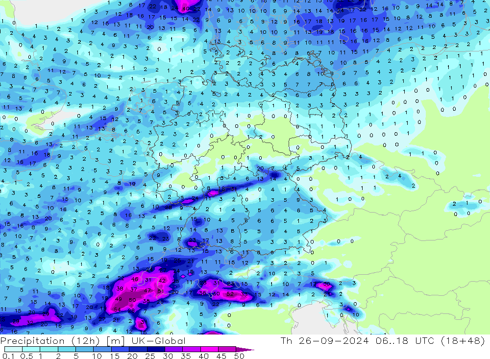 Precipitation (12h) UK-Global Čt 26.09.2024 18 UTC