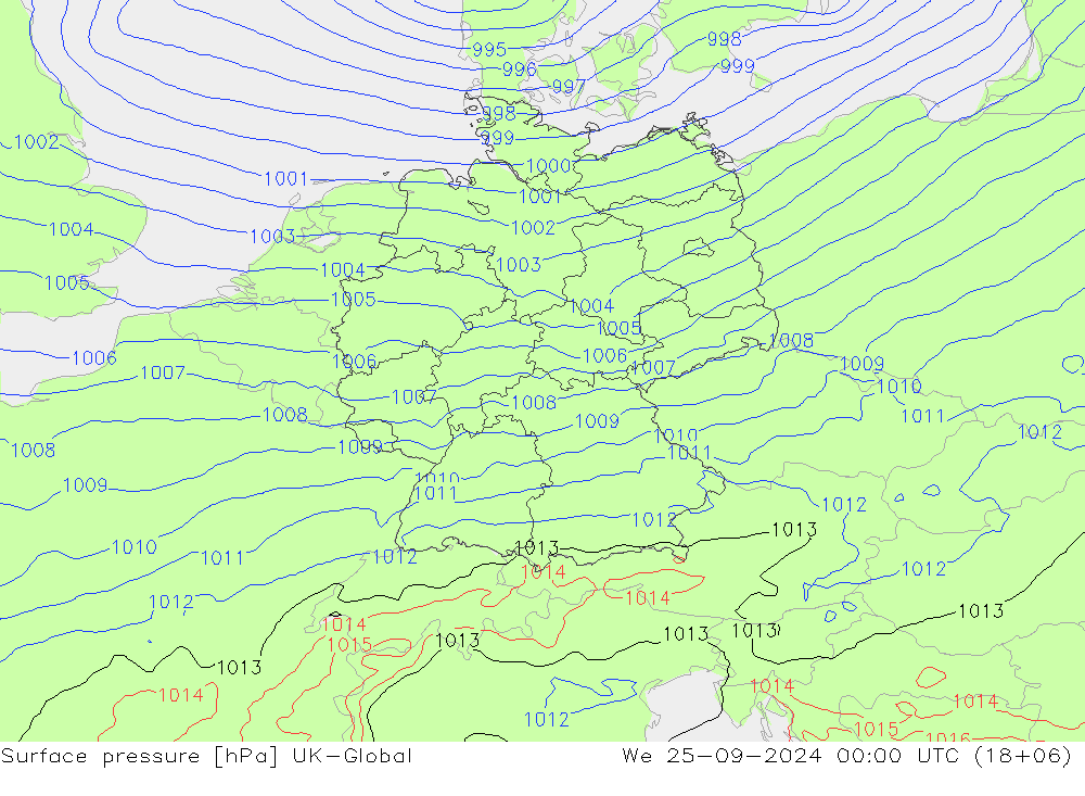 Pressione al suolo UK-Global mer 25.09.2024 00 UTC