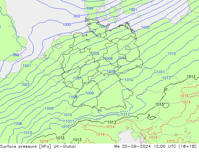 Pressione al suolo UK-Global mer 25.09.2024 12 UTC