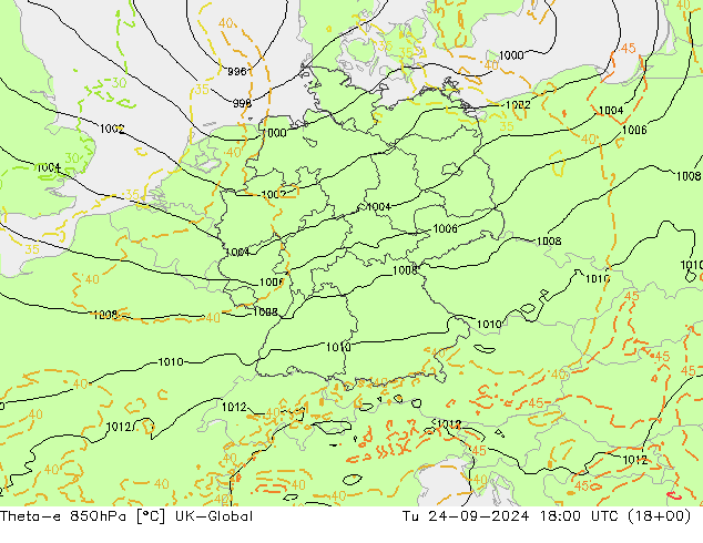 Theta-e 850hPa UK-Global Ter 24.09.2024 18 UTC