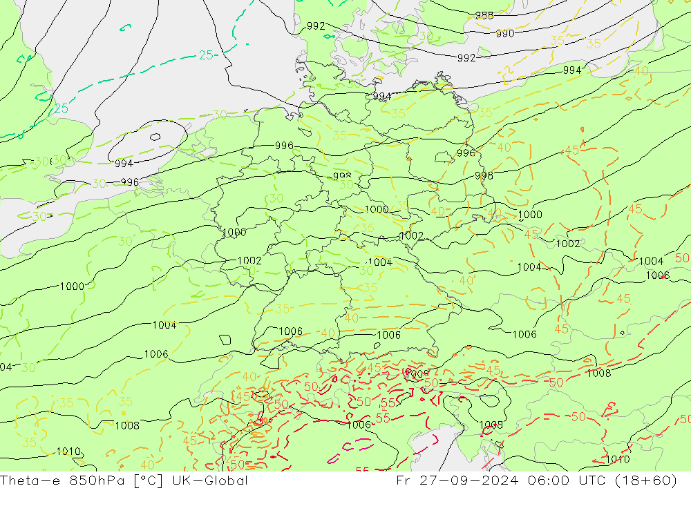 Theta-e 850гПа UK-Global пт 27.09.2024 06 UTC