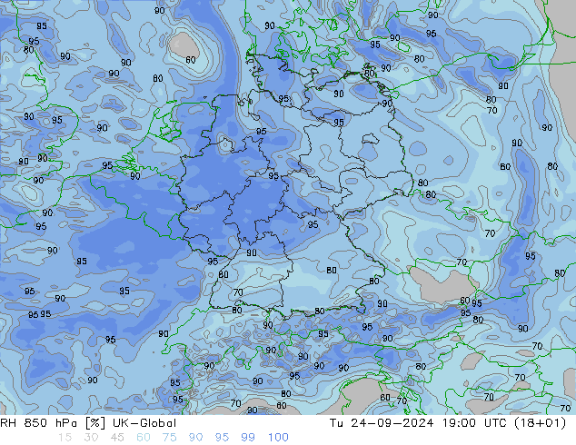 RH 850 hPa UK-Global Tu 24.09.2024 19 UTC