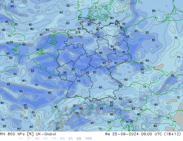 RH 850 hPa UK-Global We 25.09.2024 06 UTC