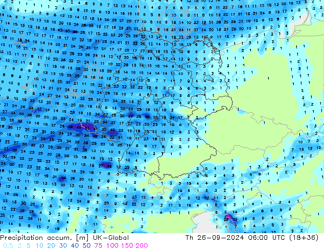 Precipitation accum. UK-Global czw. 26.09.2024 06 UTC