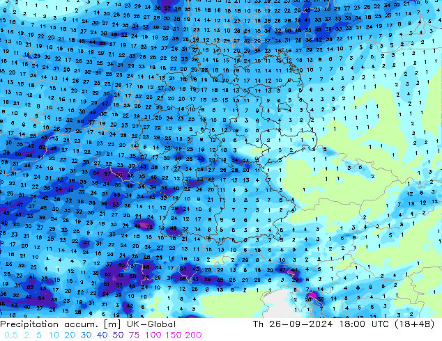 Precipitation accum. UK-Global Čt 26.09.2024 18 UTC