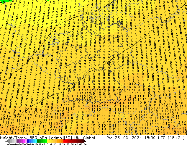 Height/Temp. 850 hPa UK-Global St 25.09.2024 15 UTC