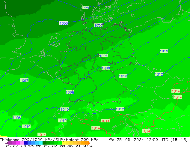 Schichtdicke 700-1000 hPa UK-Global Mi 25.09.2024 12 UTC