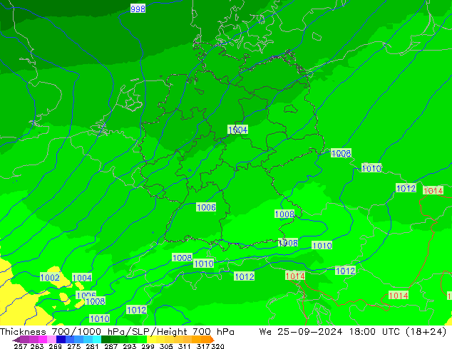 Espesor 700-1000 hPa UK-Global mié 25.09.2024 18 UTC