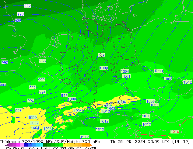 Dikte700-1000 hPa UK-Global do 26.09.2024 00 UTC