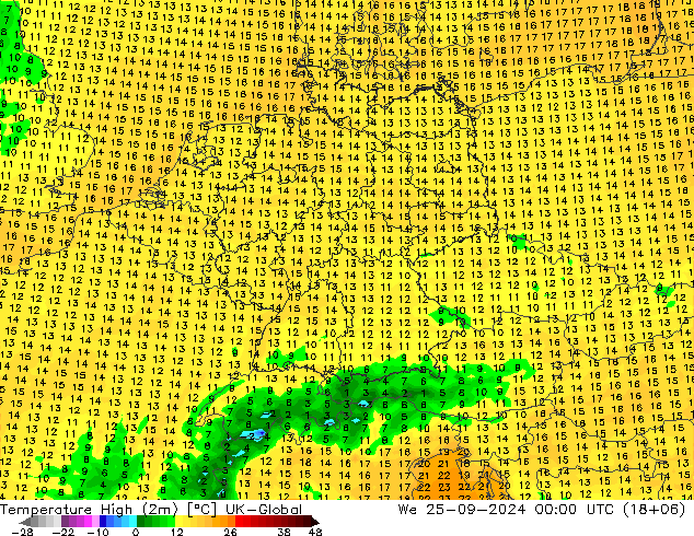 Max.temperatuur (2m) UK-Global wo 25.09.2024 00 UTC