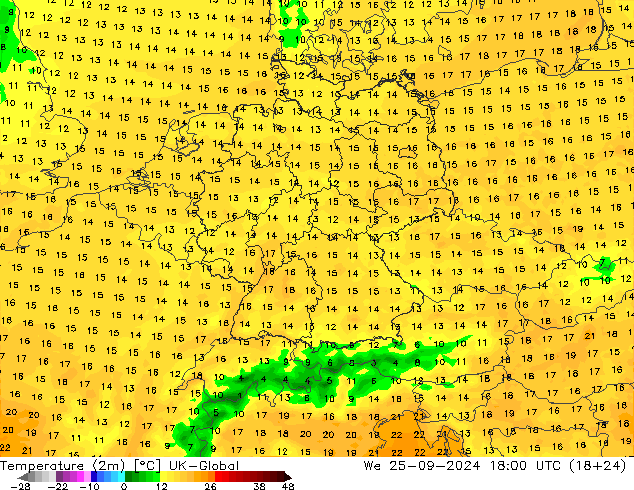 Temperatura (2m) UK-Global mer 25.09.2024 18 UTC