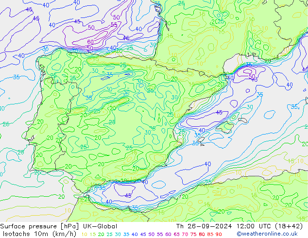 Isotaca (kph) UK-Global jue 26.09.2024 12 UTC
