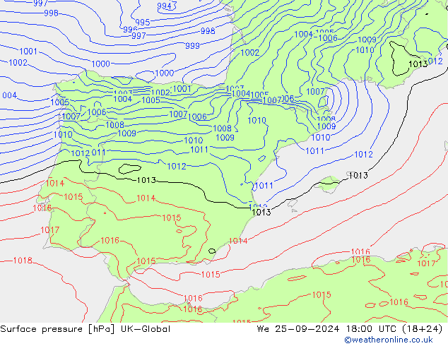 Pressione al suolo UK-Global mer 25.09.2024 18 UTC