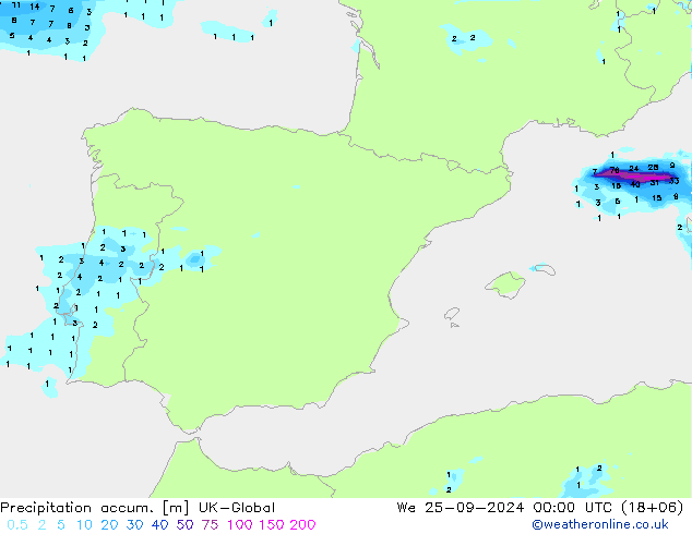 Totale neerslag UK-Global wo 25.09.2024 00 UTC