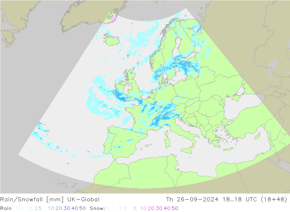 Rain/Snowfall UK-Global Th 26.09.2024 18 UTC