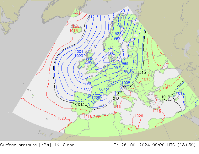 Pressione al suolo UK-Global gio 26.09.2024 09 UTC